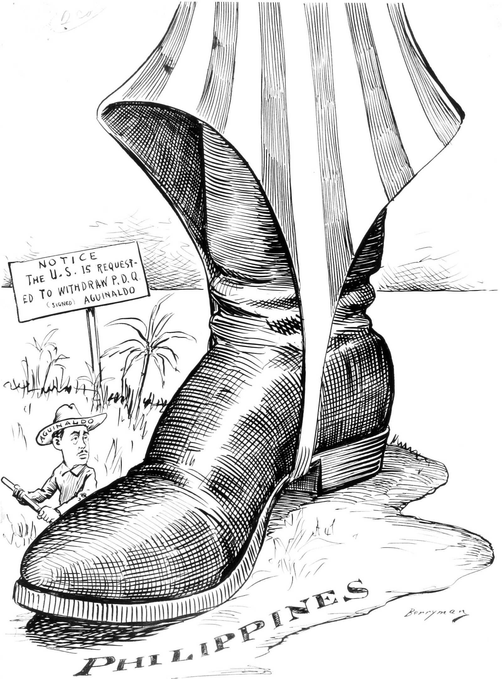 Political cartoon depicting Uncle Sam's boot stomping on the Philippines