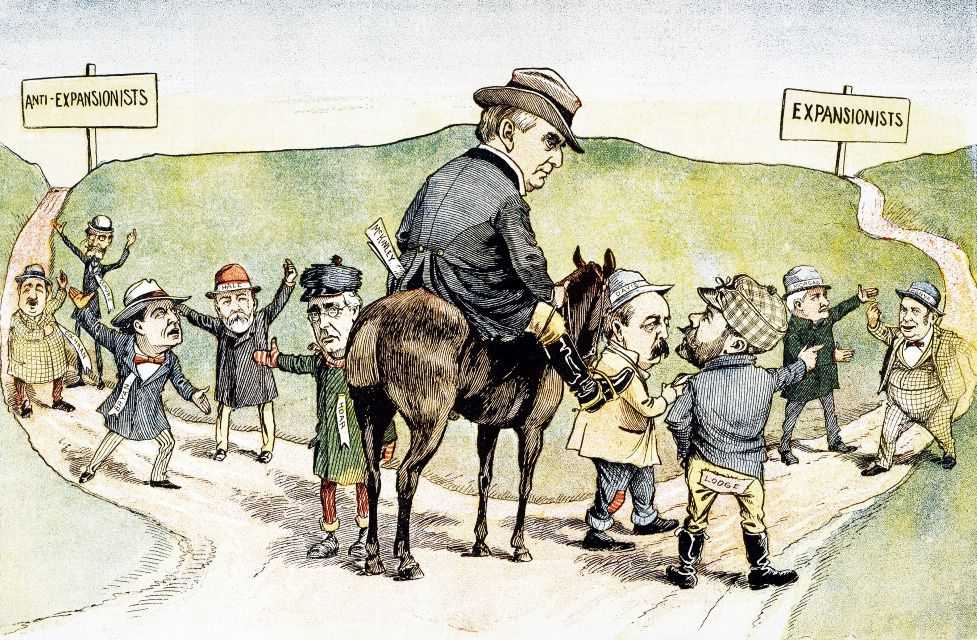 Political cartoon of William McKinley on a horse being led towards a path labeled 