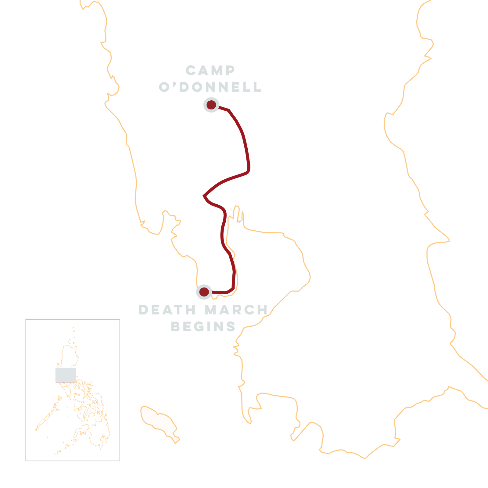 Map of Bataan Peninsula with a red trail marking the path of the Bataan Death March