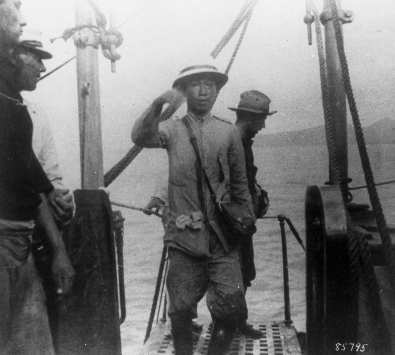 Black and white photo of Emilio Aguinaldo aboard a ship