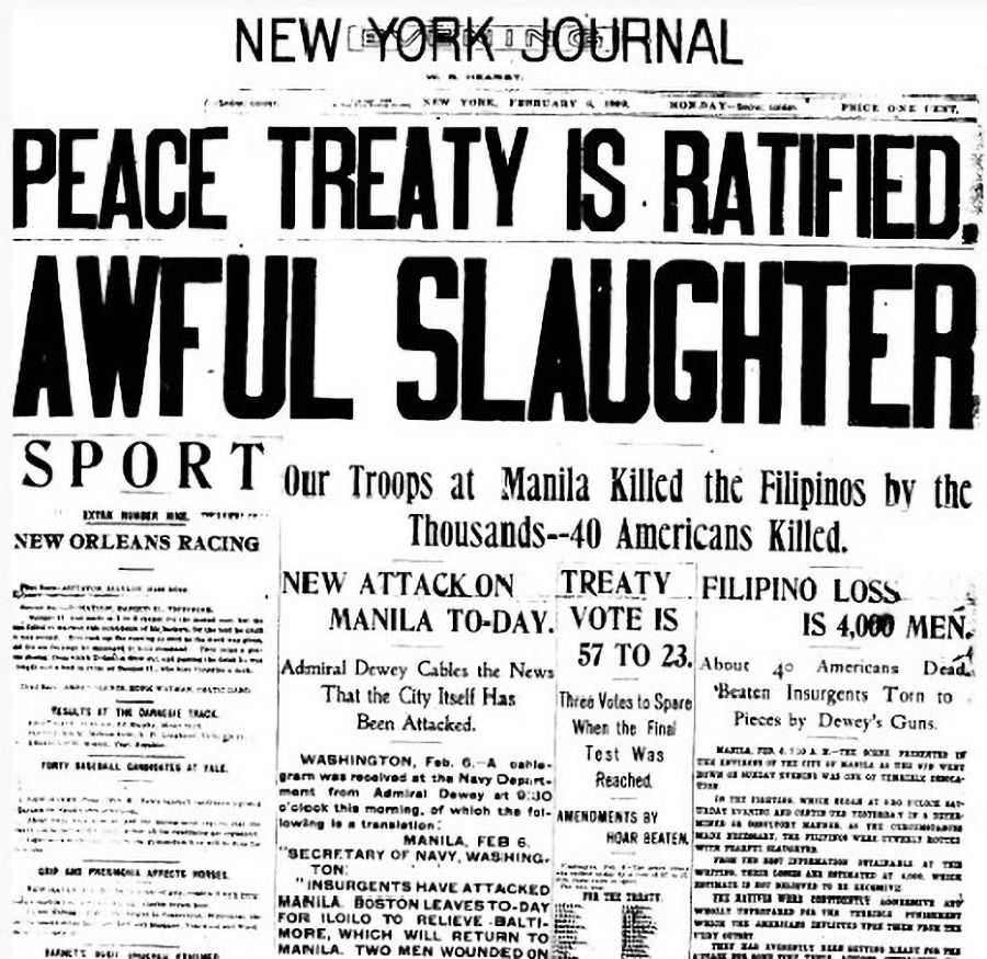 Newspaper scan with headline reading PEACE TREATY IS RATIFIED; AWFUL SLAUGHTER