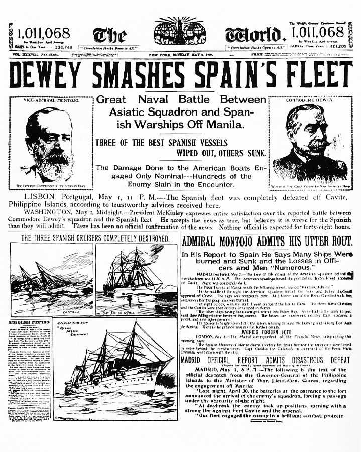 Newspaper scan with the headline reading DEWEY SMASHES SPAIN'S FLEET